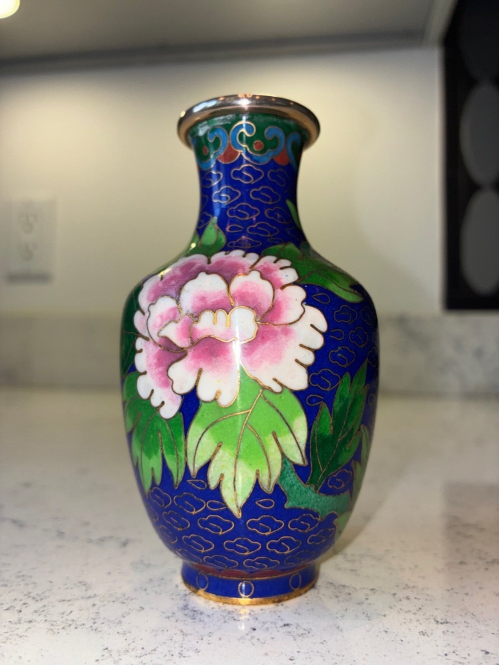 Vintage Floral Cloisonné Vase Blue Pink Green Enamel Over Brass Made in China 4”